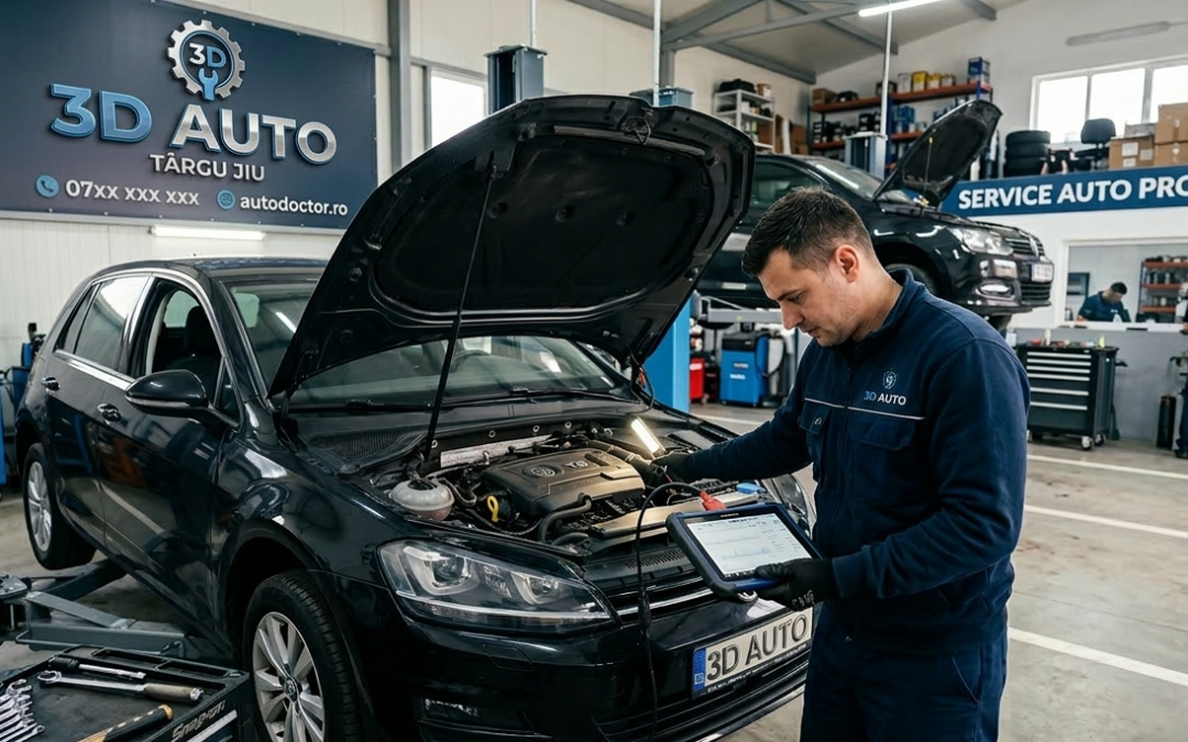 Mecanic 3D Auto Târgu Jiu efectuând diagnoză computerizată la motorul unei mașini în service